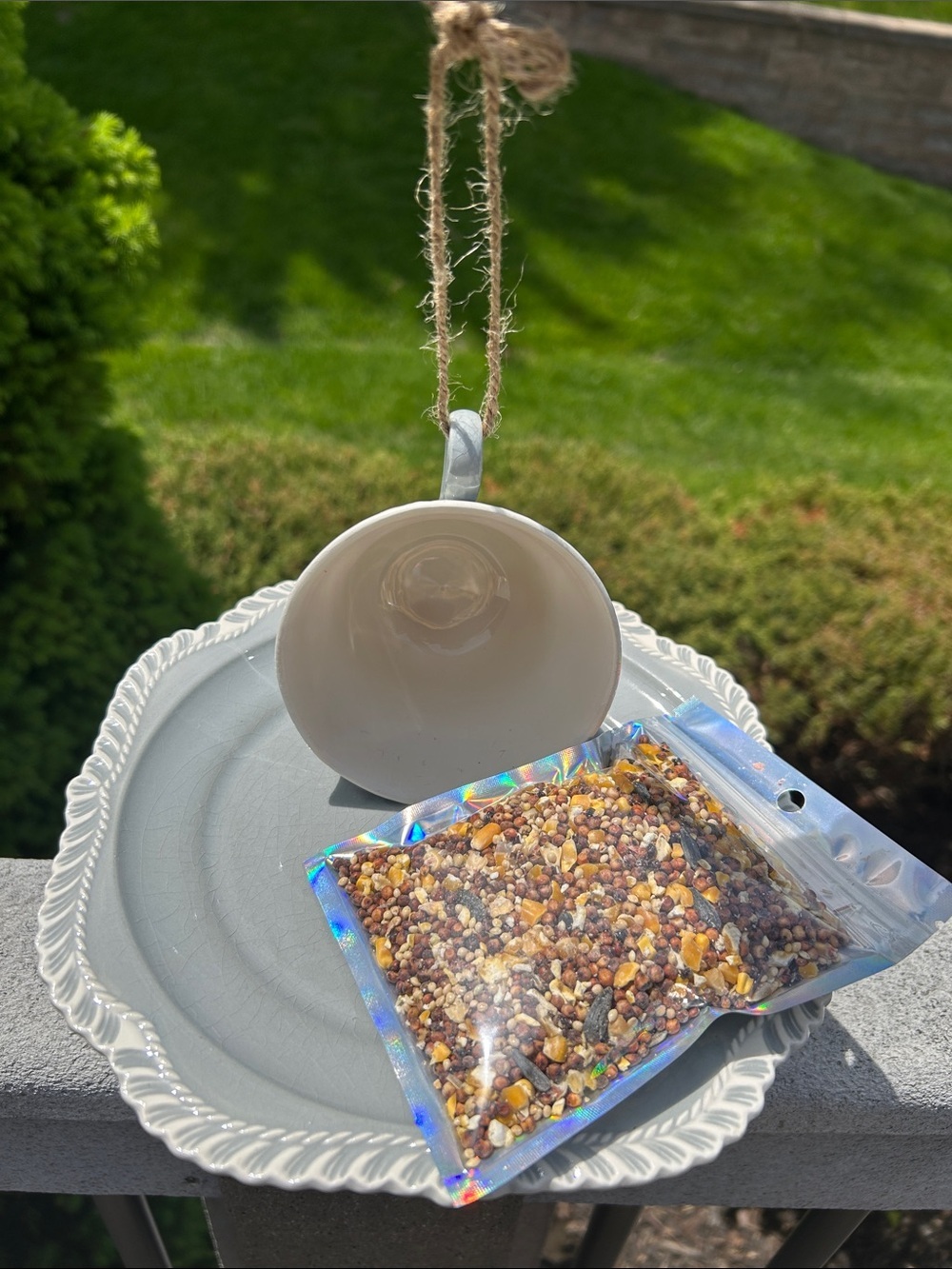 White and Gray Ceramic Hanging Bird Feeder with Seed Packet